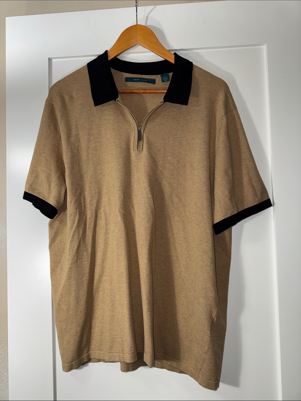 Perry Ellis Tan Short-Sleeve Polo with Black Collar and Cuffs Sz XL